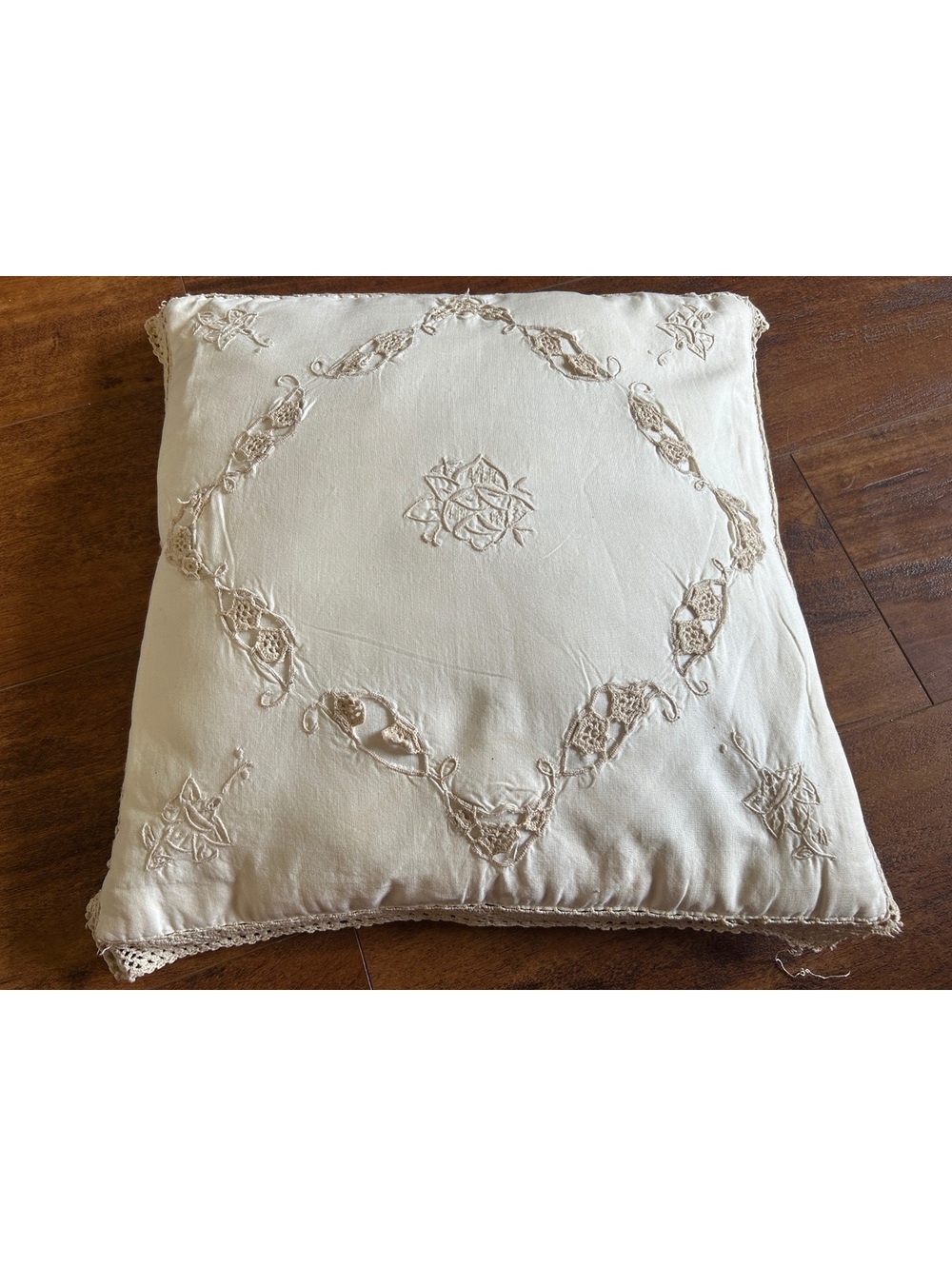 Vintage Embroidered Cream Decorative Pillow with Lace Trim